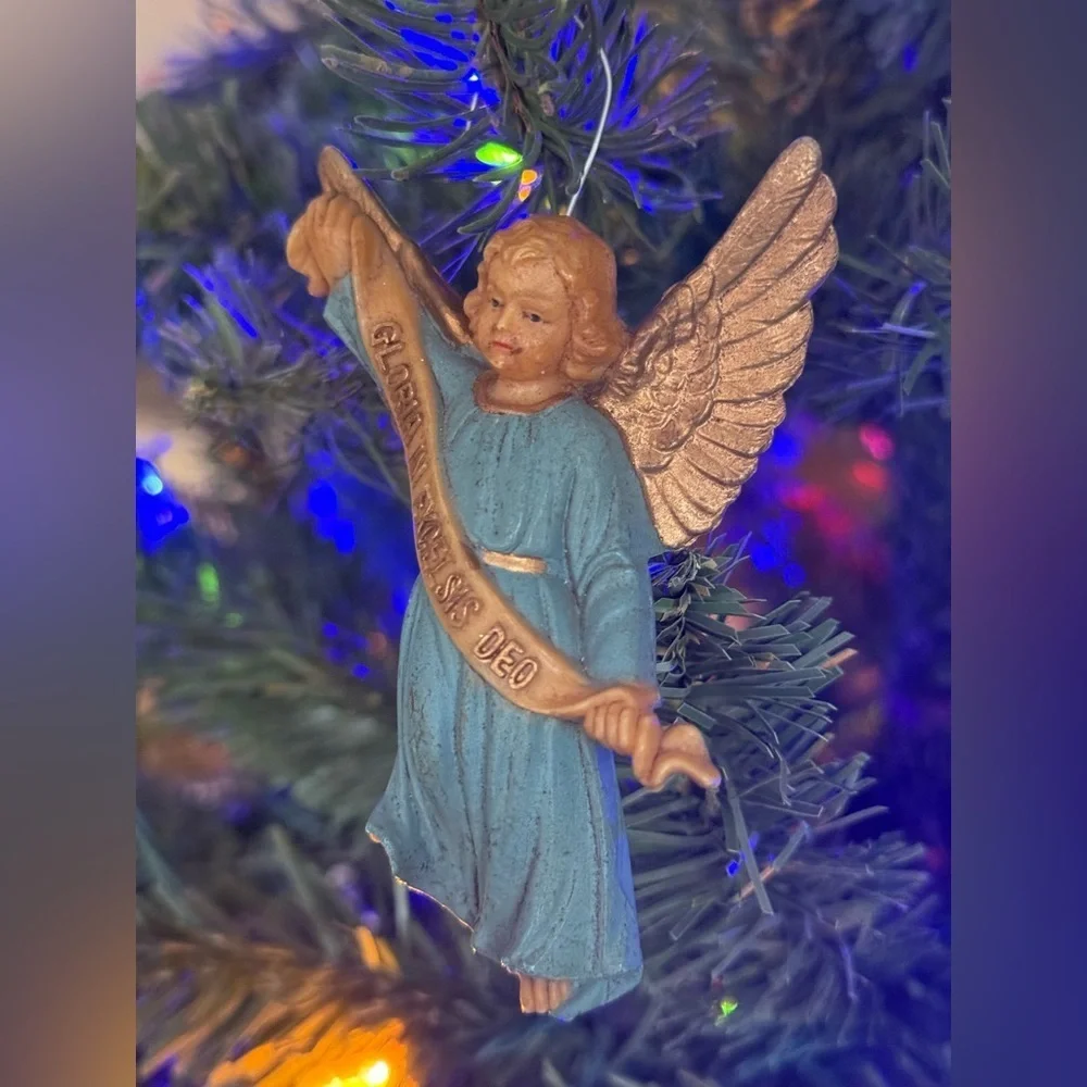 Vintage 1973 Gloria In Excelsis Deo Blue and Gold Angel Christmas Ornament